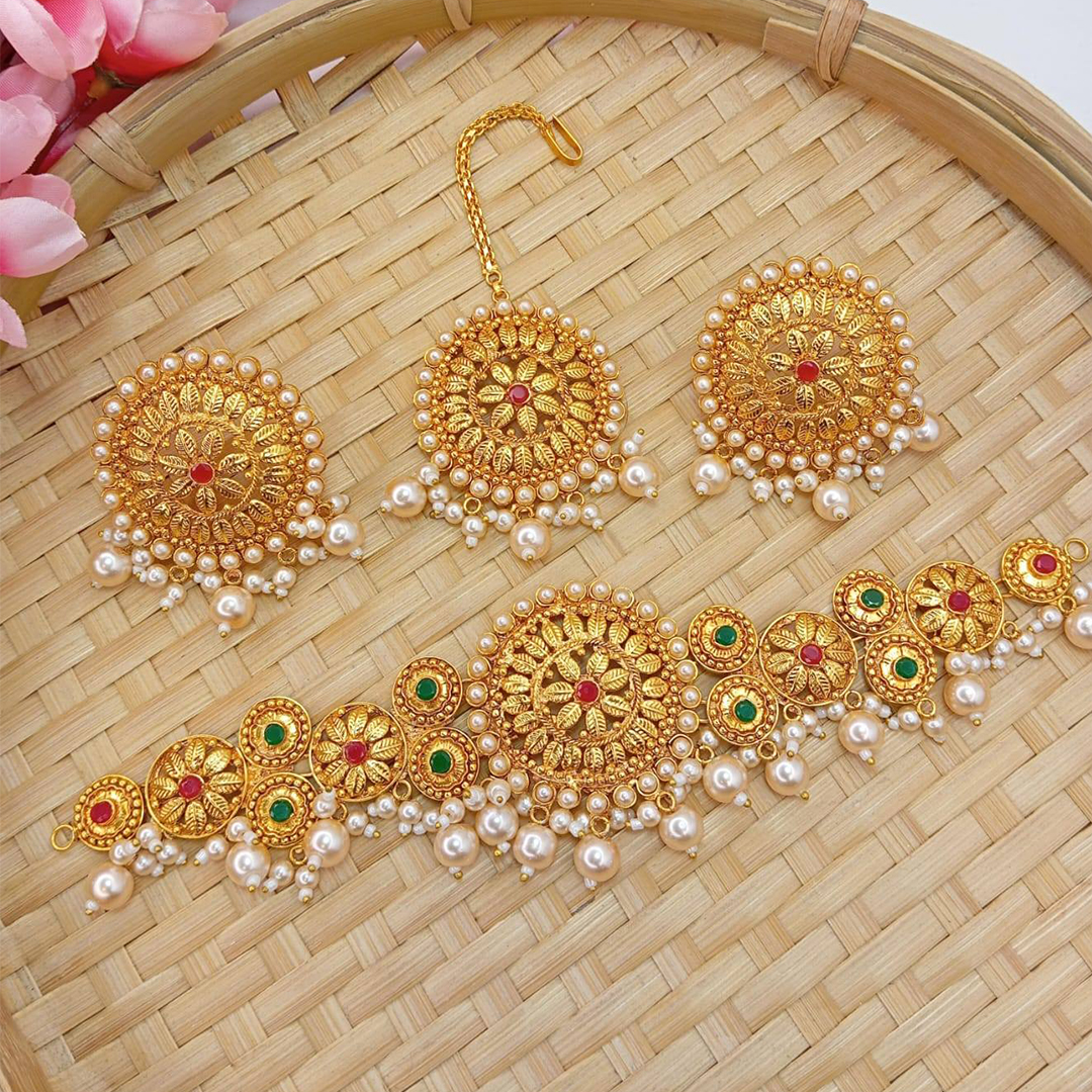 Gold Plated Necklace Poysa Choker,  Earring & Tikli (Full Indian Set)