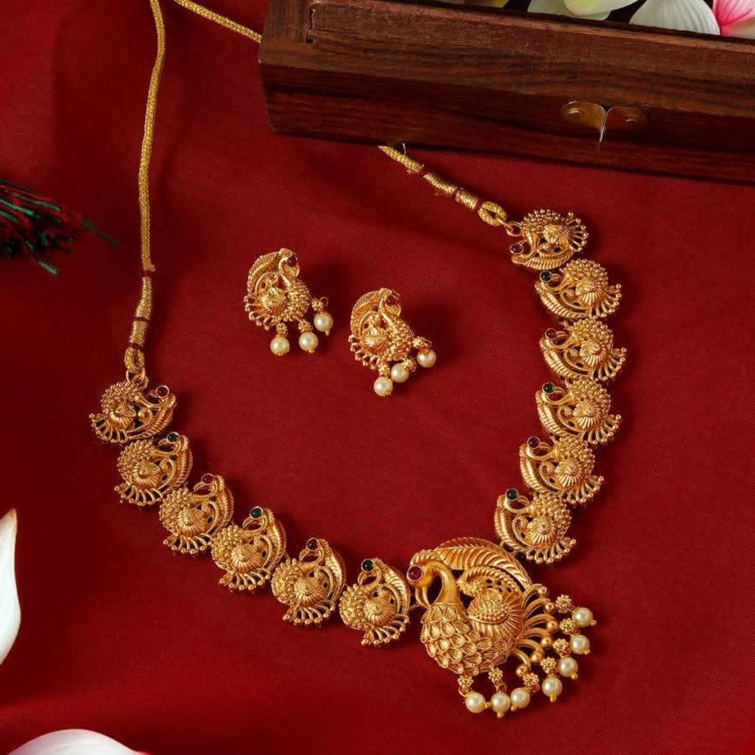 South Indian Matte Polish Temple Necklace(Elephant)